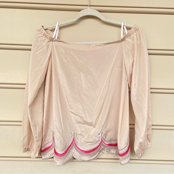 Lilly Pulitzer Silk Cream Blouse with Pink Scalloped Edges (Off the Shoulder) - Picture 3 of 8